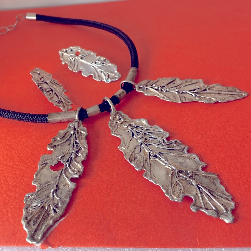 Handmade vintage sterling silver CC Chris Charley? leaves necklace clip earrings